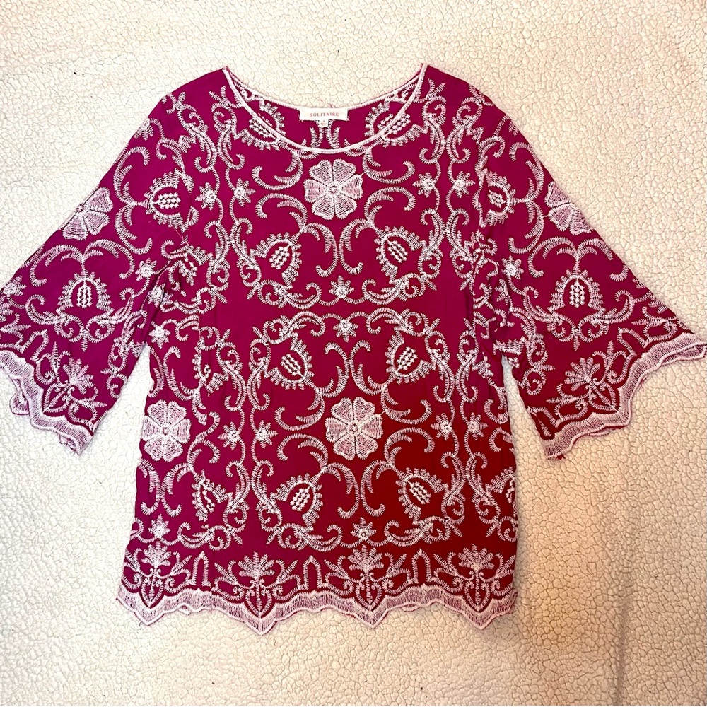 Solitaire Embroidered Blouse - Deep Pink and White scalloped hem, 3/4  sleeve